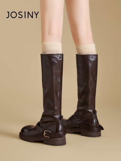 Ботинки Zhuoshini, высокие женские сапоги, новинка 2025 года, длинные сапоги Melard, ботинки-полусапоги на плоской подошве, высокие сапоги для верховой езды.