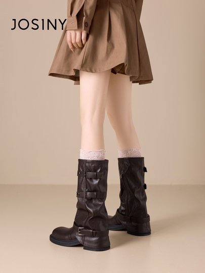 Zhuosini Maillard Stiefel Damen 2025 neue Herbst- und Winterstiefel braune Hosenstiefel dicker Absatz erhöhte Florstiefel