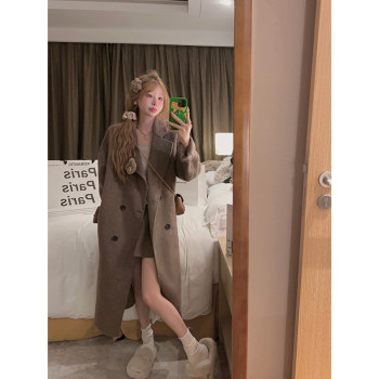 Yukiss咖色小个子羊驼绒双面呢大衣女秋冬宽松遮肉双排扣长款外套