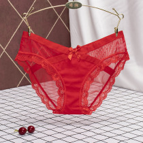 Panty woman red this year married big red sexy lace mesh transparent briefs pure cotton crotch thin summer