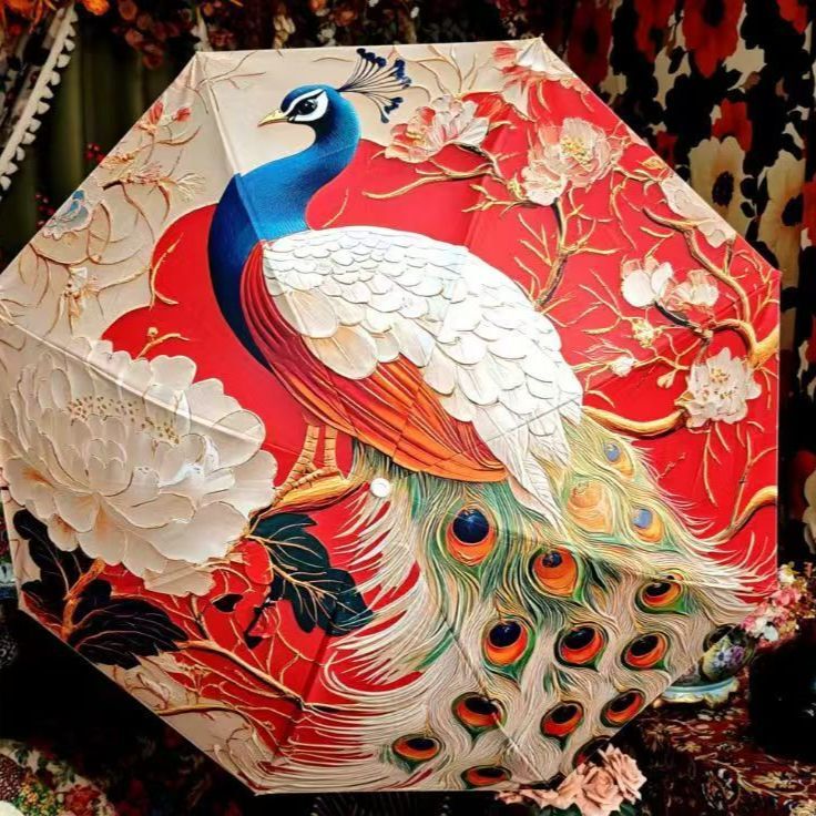 Welcome the New Year Peacock Sun Protection Flower Umbrella, Large Sunshade Umbrella, Dual-Use for Sun and Rain, Compact and Portable Sun Umbrella