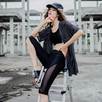 Li Xiaodining 2020 New Casual Striped Suit Swimsuit Three Sets Short Sleeve Conservative Sports 50% Pants Swimsuit