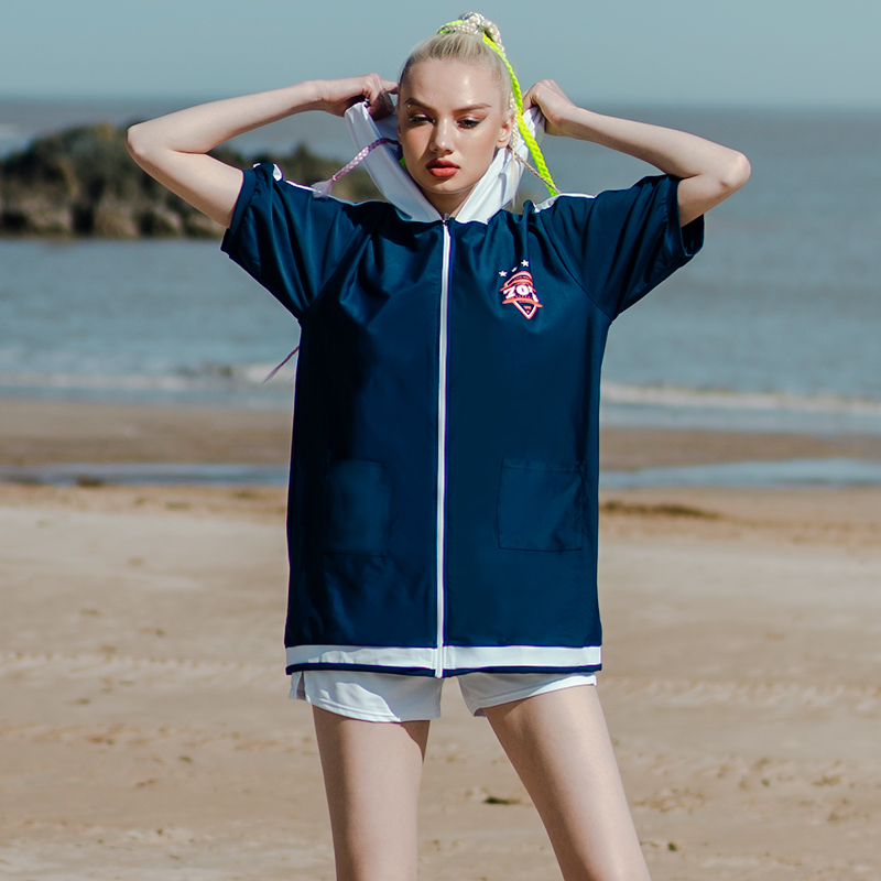 Li Xiaorice Bump Color Short Sleeve Swimsuit Women's Korea Ins Wind Display Slim Cover Three Sets Student Conservative Two-piece Swimsuit