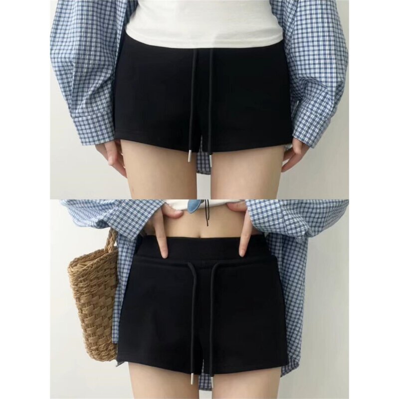 Black High-End Sports Casual Wide-Leg Pants for Women, Summer Drawstring American-Style Petite Versatile Yoga Shorts Hot Pants