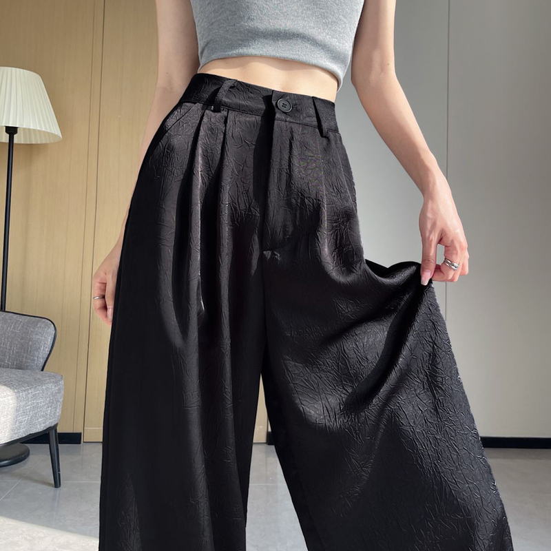 Black Acetate Satin Wide-Leg Pants for Women, Summer Lightweight Ice Silk Pants, High-Waisted, Drapey, Loose Straight-Leg Casual Long Pants