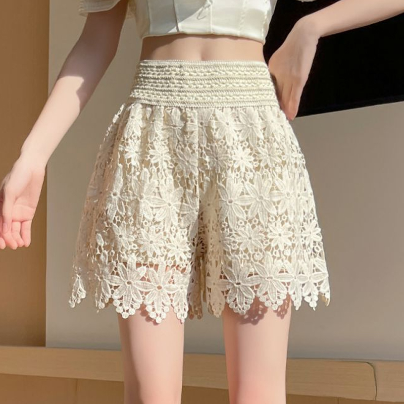 Crochet Hollow-Out Wide-Leg Shorts for Women, 2026 Summer New Lace-Trimmed Safety Shorts, A-Line Outerwear Hot Pants