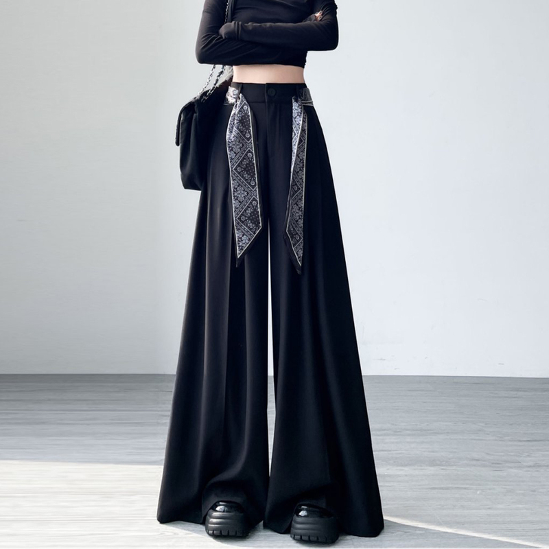 Black Suit Wide-Leg Pants for Women, Spring and Autumn 2026 New Style, with Silk Scarf Ribbon, High-Waisted, Drapey, Floor-Length Casual Pants Skirt Black Suit Wide-Leg Pants for Women, Spring and Autumn 2026 New Style, with Silk Scarf Ribbon, High-Waisted, Drapey, Floor-Length Casual Pants Skirt