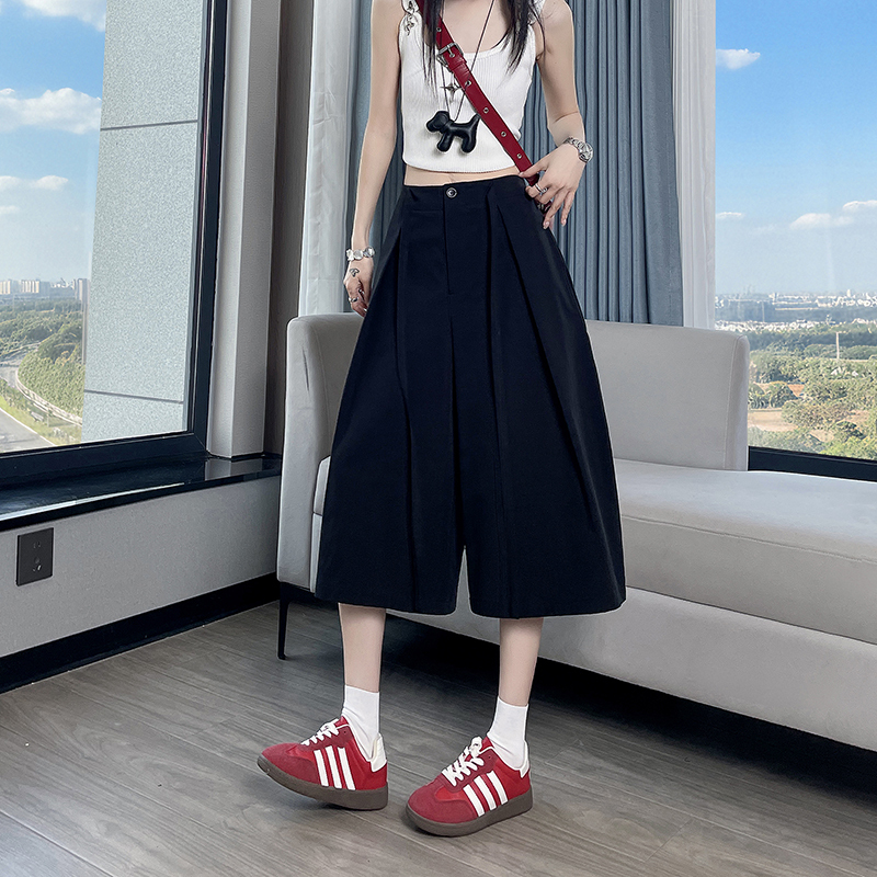 Black Cropped Washed Cotton Cargo Pants for Women, 2026 New Summer Style, Petite Straight-Leg Casual Suit Wide-Leg Pants