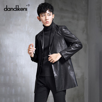  Mens leather slim-fit handsome leather windbreaker Mens vegetable tanned sheepskin medium-length suit collar youth thin jacket autumn