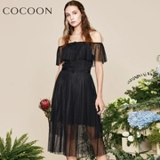 Cocoon Mall với cùng một đoạn 19 mùa hè mới của phụ nữ mảnh mai eo cổ áo xếp li váy lưới - Váy eo cao