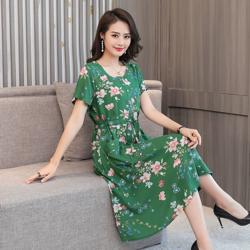 Phụ nữ trung niên và cao tuổi mặc váy lụa cotton cỡ lớn rộng 40-50 tuổi Mẹ mặc váy rayon dài vừa phải - Quần áo của mẹ