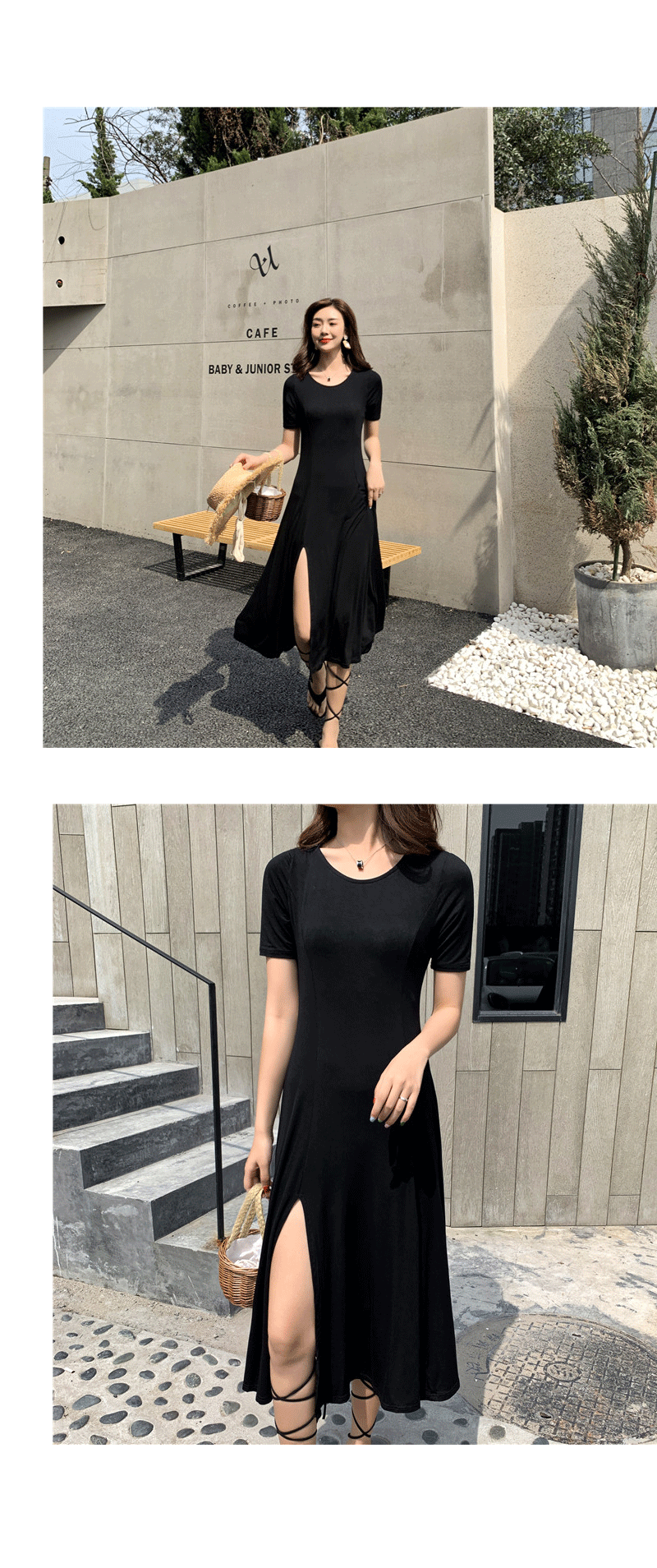 VK旗艦店 韓系復古性感開叉顯瘦修身赫本短袖洋裝