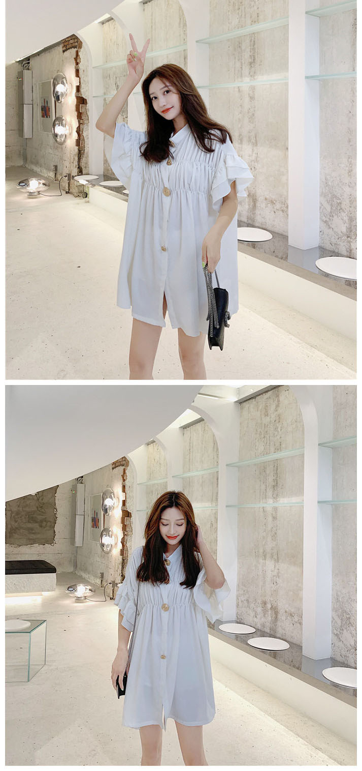 VK旗艦店 韓國風名媛花邊袖立領褶皺寬鬆短袖洋裝