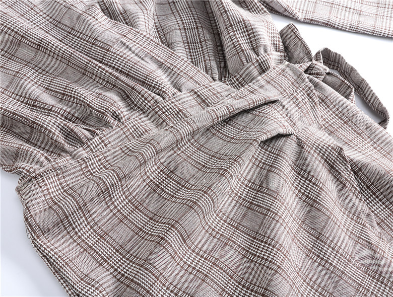 VK旗艦店 韓系復古V領格紋假兩件不規則襯衫長袖洋裝