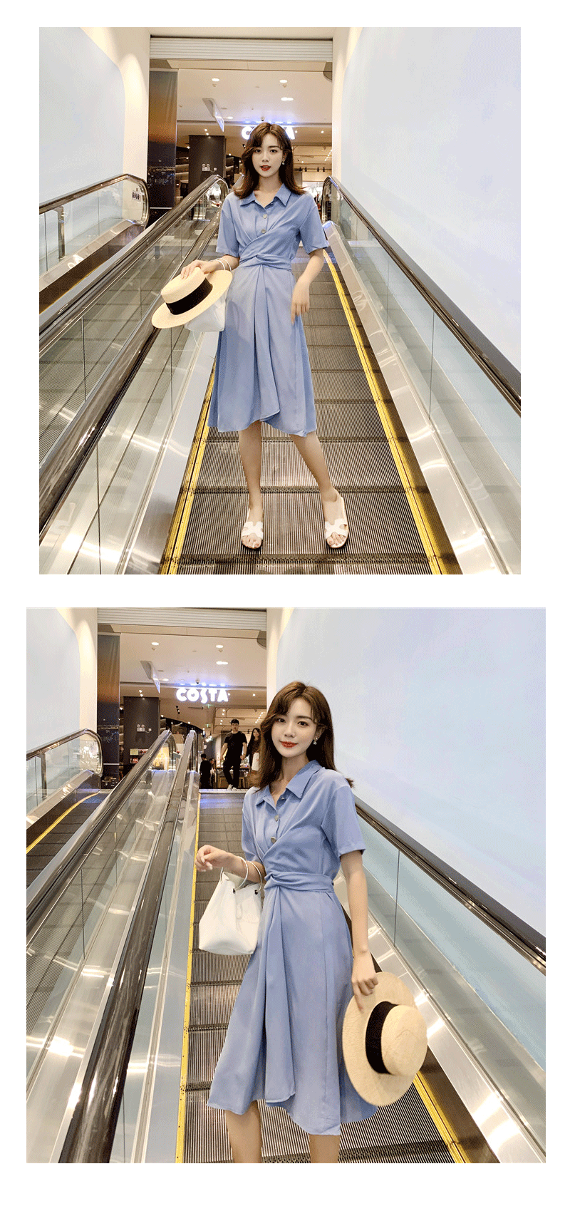 VK旗艦店 韓國風復古淑女純色顯瘦收腰系帶短袖洋裝