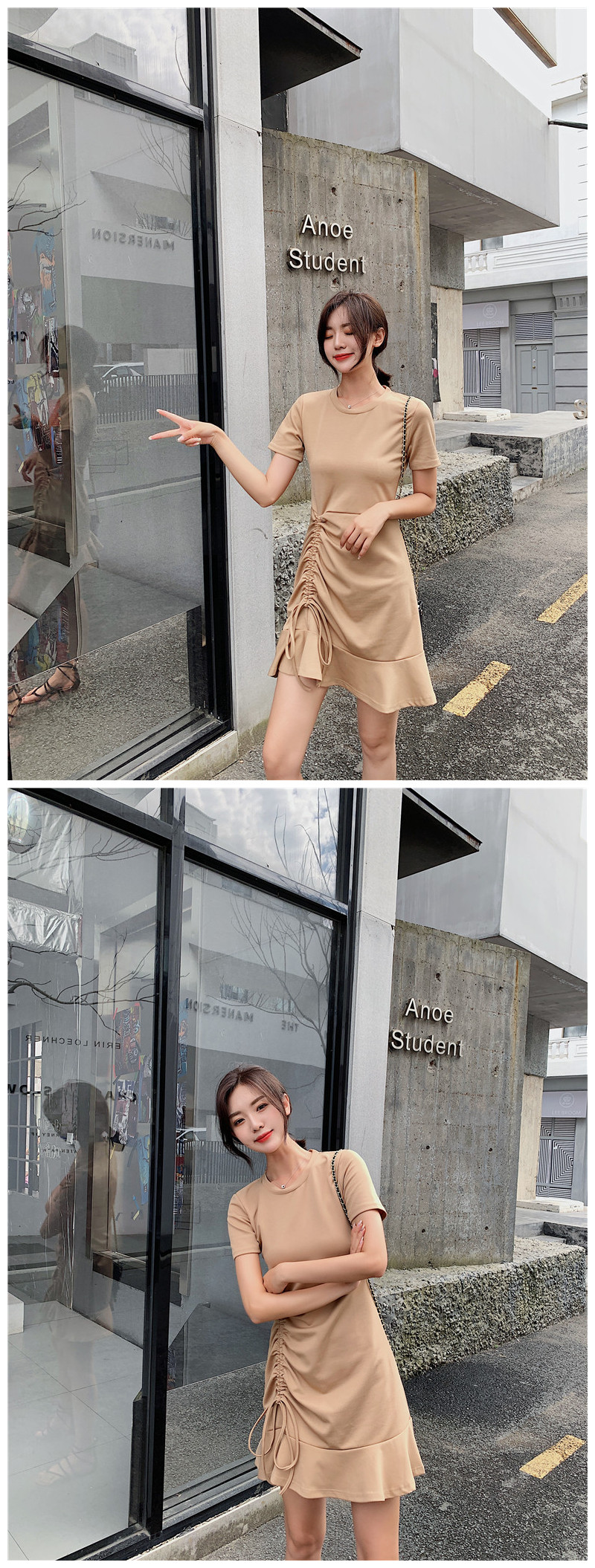 VK旗艦店 韓國風復古修身收腰抽繩荷葉邊短袖洋裝