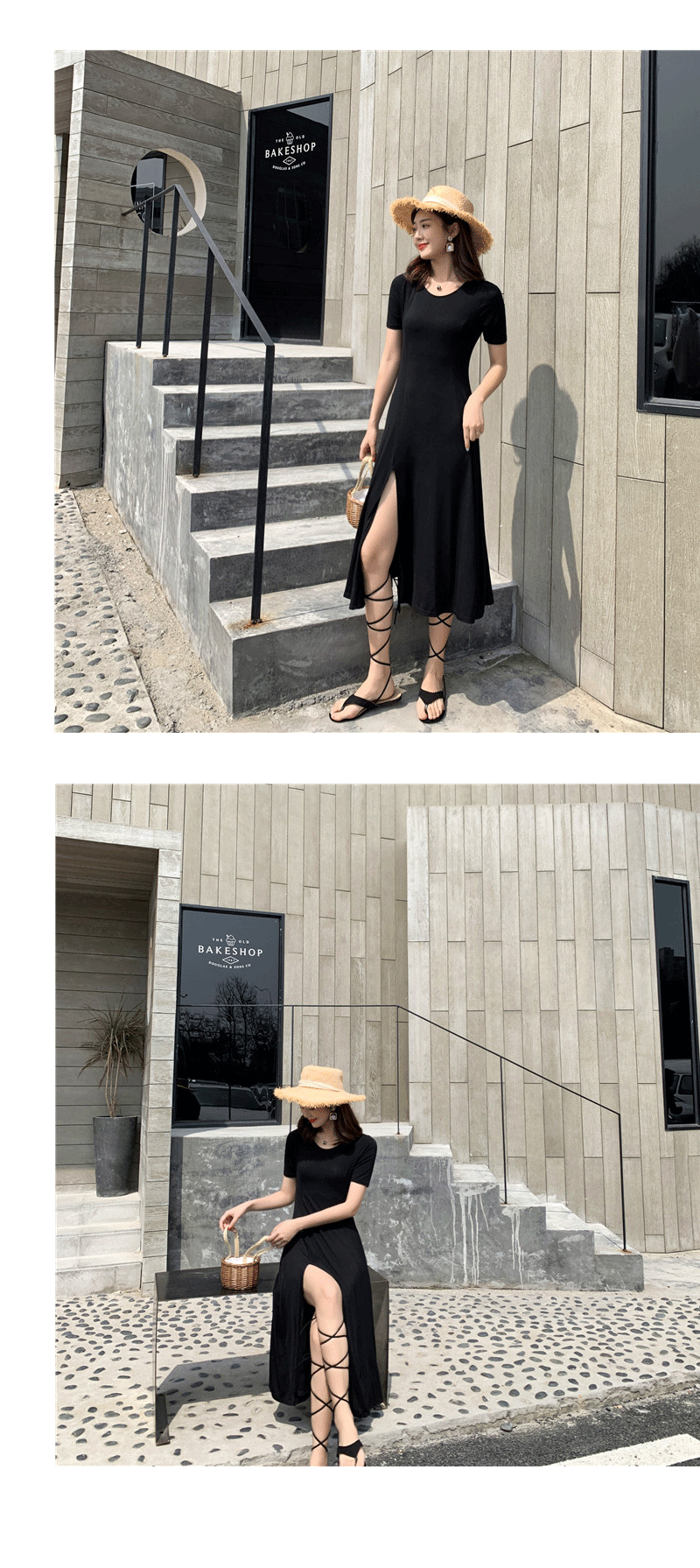 VK旗艦店 韓系復古性感開叉顯瘦修身赫本短袖洋裝