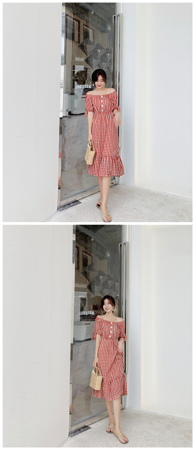 VK旗艦店 韓系格紋一字領紐扣泡泡袖荷葉擺短袖洋裝