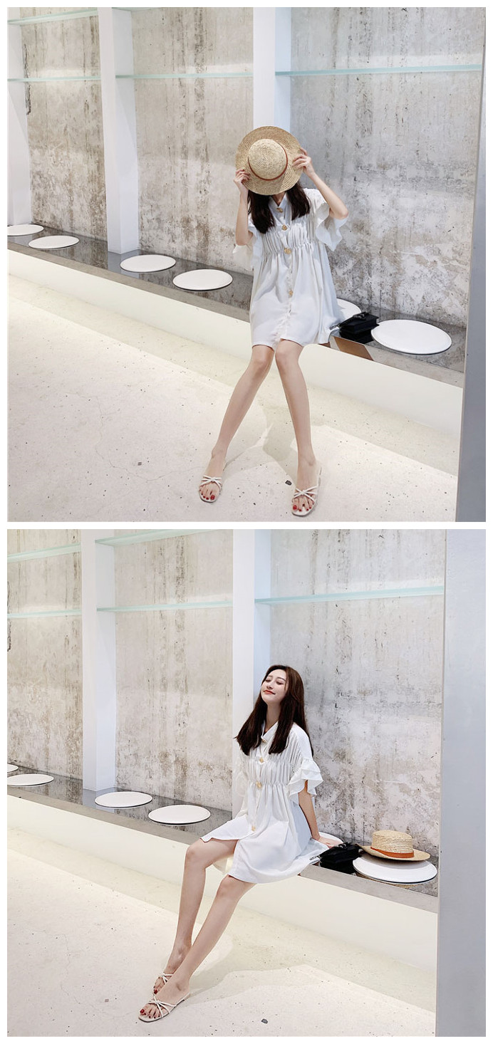 VK旗艦店 韓國風名媛花邊袖立領褶皺寬鬆短袖洋裝