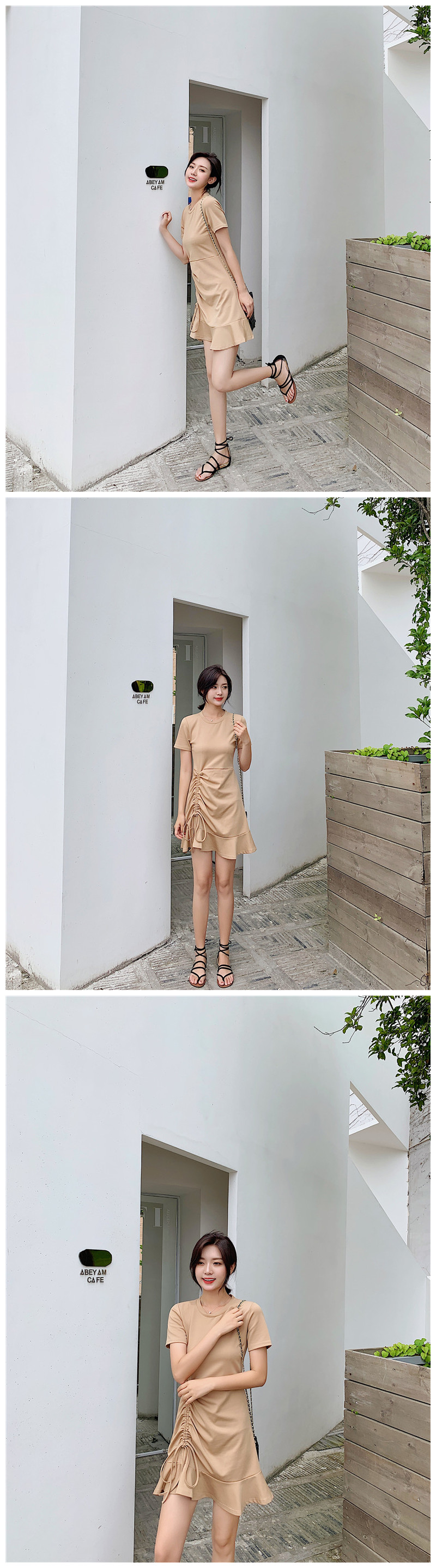 VK旗艦店 韓國風復古修身收腰抽繩荷葉邊短袖洋裝