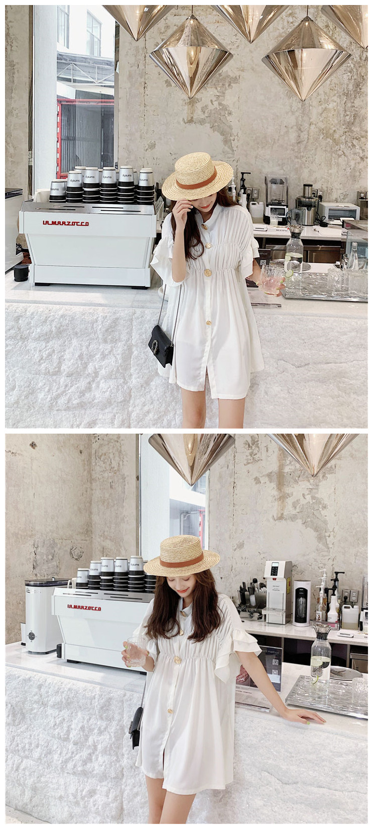 VK旗艦店 韓國風名媛花邊袖立領褶皺寬鬆短袖洋裝