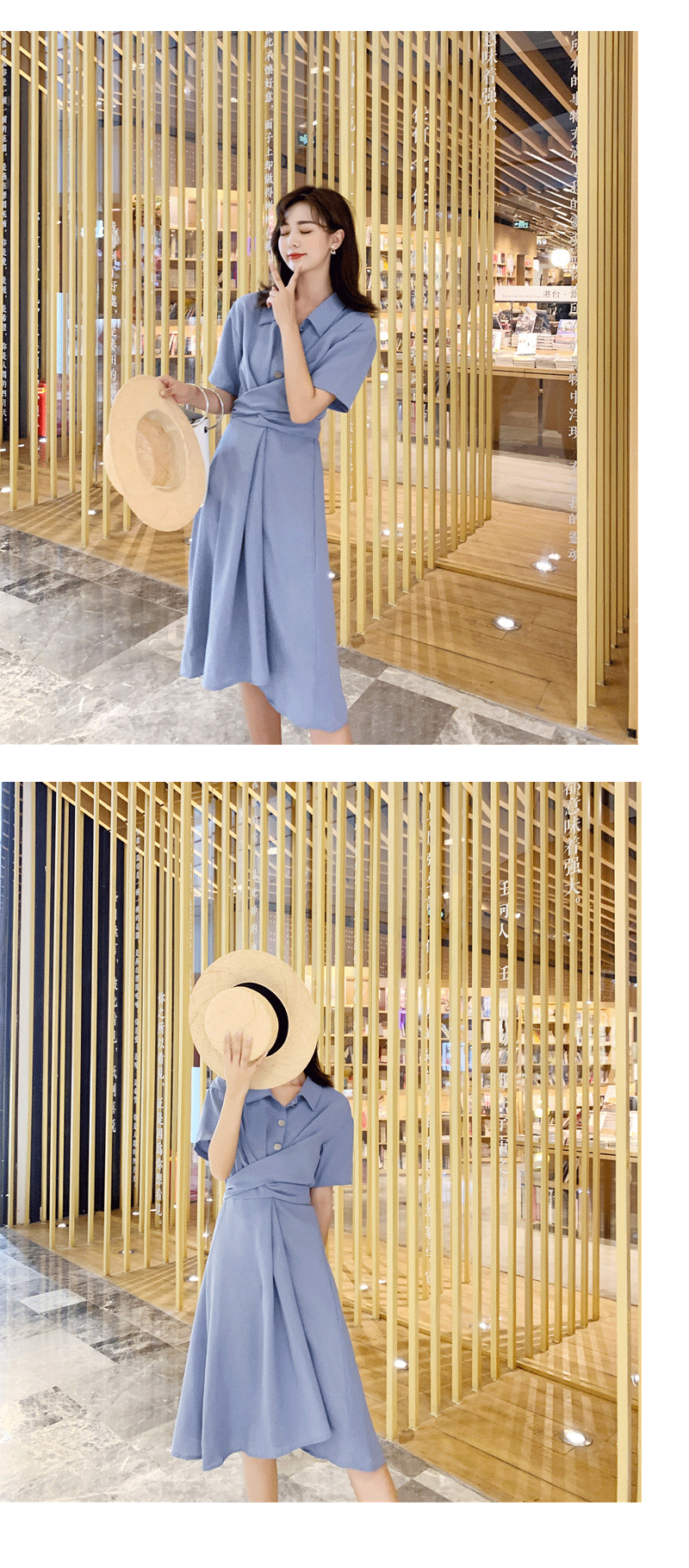 VK旗艦店 韓國風復古淑女純色顯瘦收腰系帶短袖洋裝