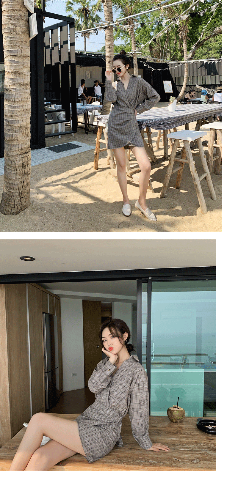 VK旗艦店 韓系復古V領格紋假兩件不規則襯衫長袖洋裝