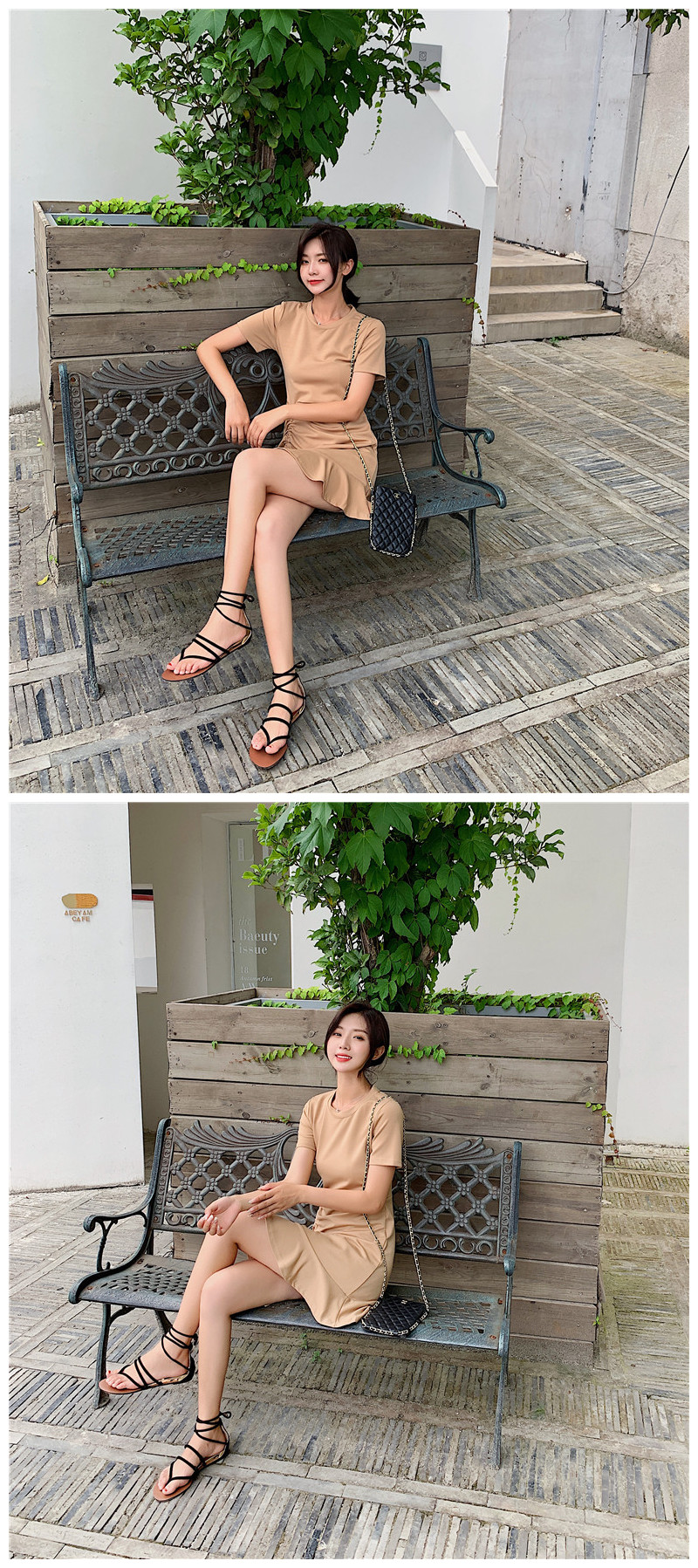 VK旗艦店 韓國風復古修身收腰抽繩荷葉邊短袖洋裝