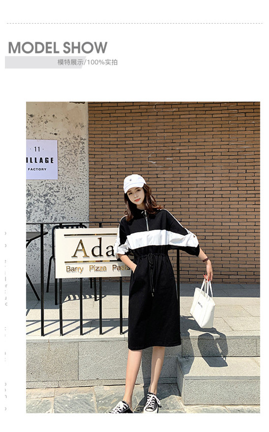 VK旗艦店 韓系拉鏈系帶撞色拼接寬鬆運動風長袖洋裝