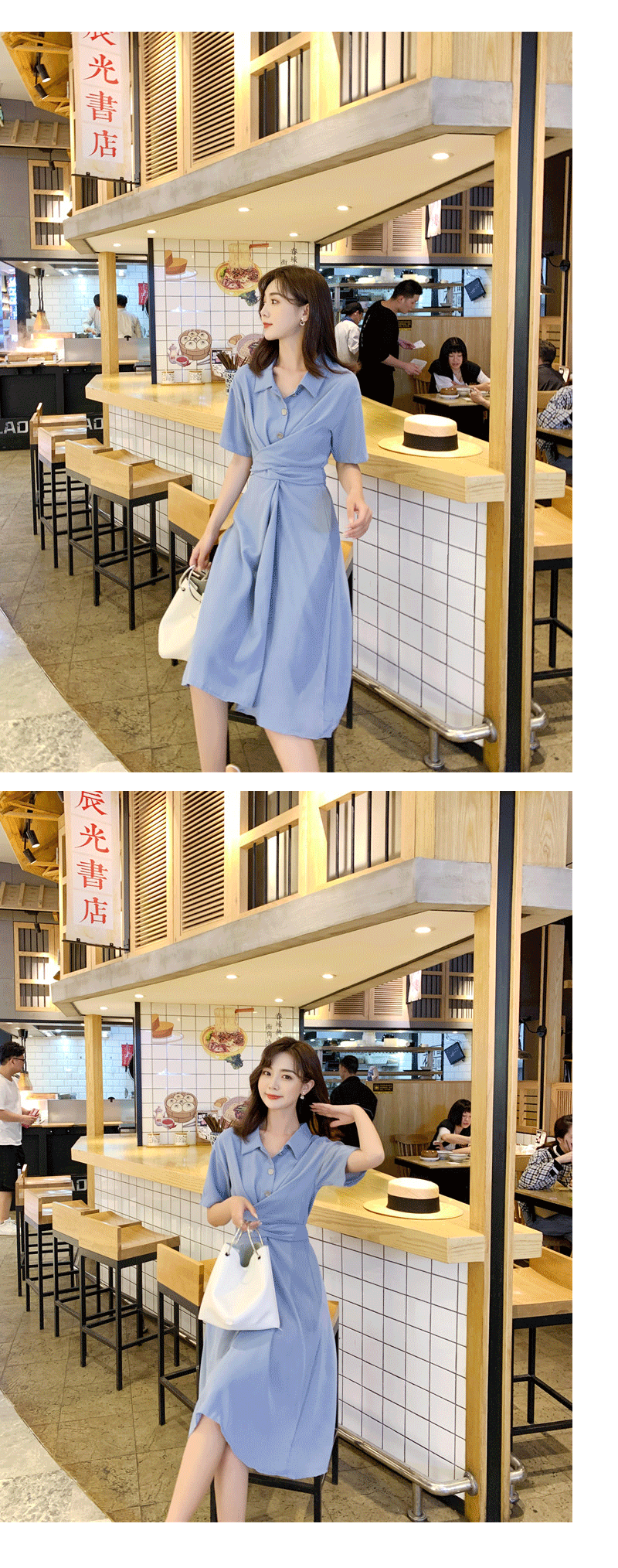 VK旗艦店 韓國風復古淑女純色顯瘦收腰系帶短袖洋裝