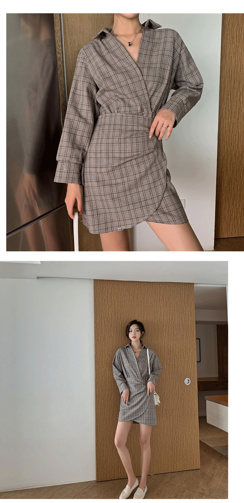 VK旗艦店 韓系復古V領格紋假兩件不規則襯衫長袖洋裝