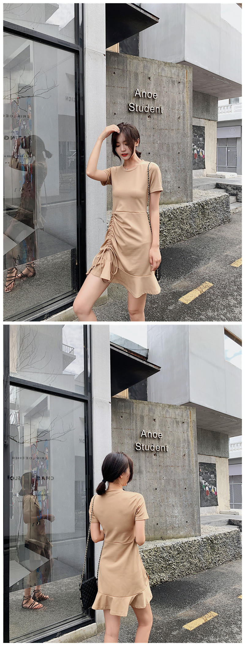 VK旗艦店 韓國風復古修身收腰抽繩荷葉邊短袖洋裝