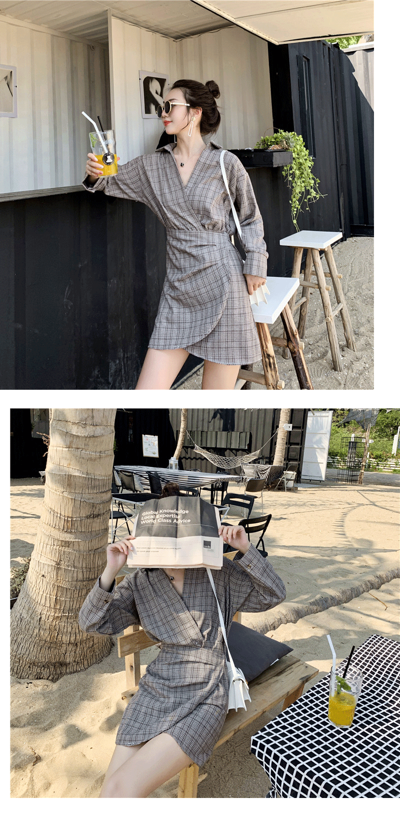VK旗艦店 韓系復古V領格紋假兩件不規則襯衫長袖洋裝