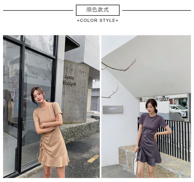 VK旗艦店 韓國風復古修身收腰抽繩荷葉邊短袖洋裝