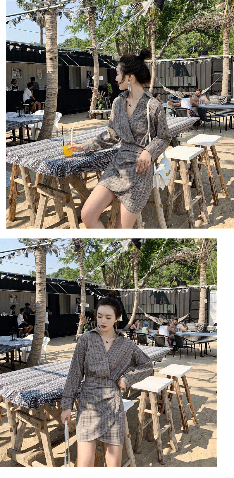 VK旗艦店 韓系復古V領格紋假兩件不規則襯衫長袖洋裝