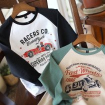 (clear cabin) boy CUHK child inserts shoulder sleeves T-shirt round neckline jacket head pure cotton long sleeve bottom T-shirt retro-vintage car