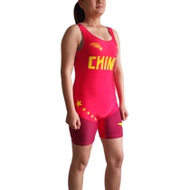 Female Wrestlers Deep Squatting in Hard Pull Fitness Suit Elastic Tight Training Match Wear Red Blue Breathable Speed Dry
