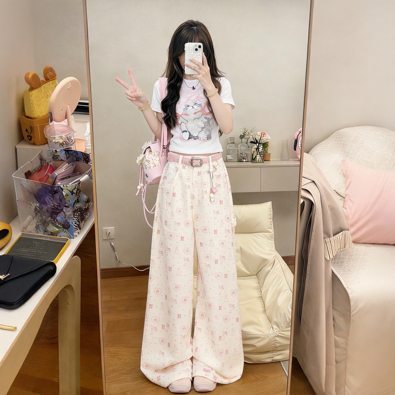 Japanese-Style Soft Girl Casual Sports Suit for Women, Summer Cartoon Print Short-Sleeve T-Shirt and Wide-Leg Pants Two-Piece Set