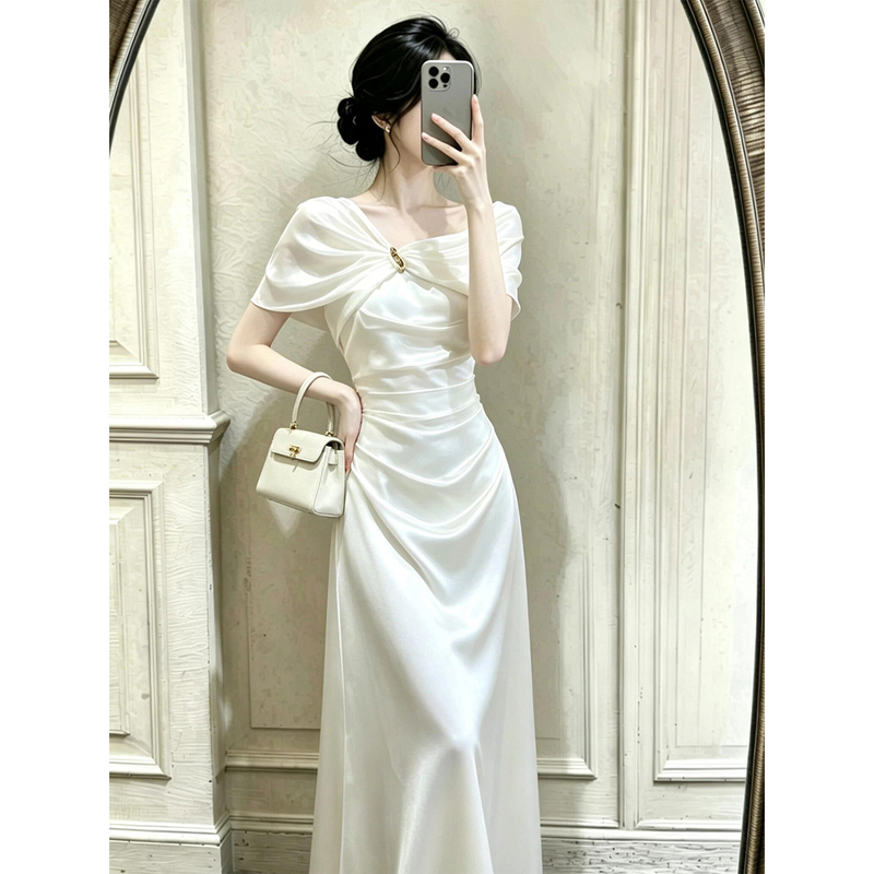 One-Shoulder Satin Engagement Dress, Elegant Dress for Coming-Of-Age Ceremony, Birthday, Marriage Registration, Small White Dress That Can Be Worn Daily