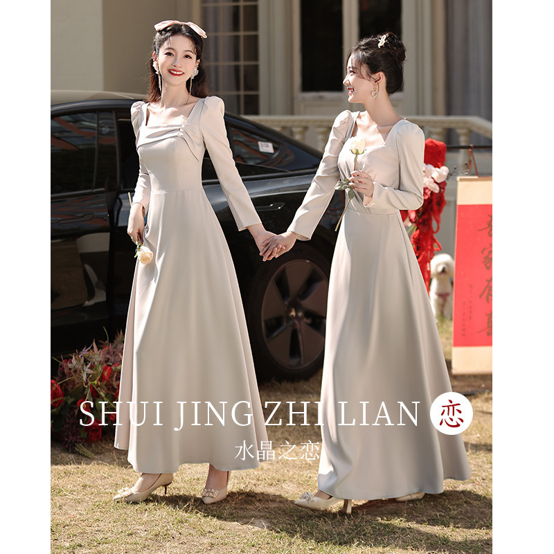 Bridesmaid Dress for Women 2026 New Style Petite Everyday Wear Satin Long-Sleeve High-End Sister Group Dress Autumn Summer