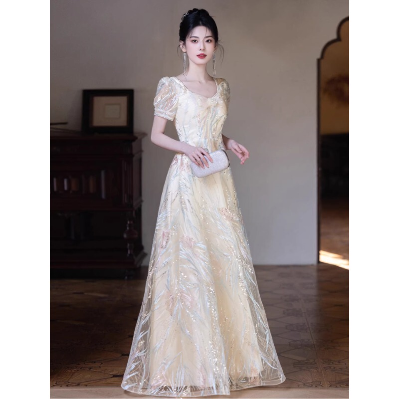 Champagne-Colored Evening Dress, High-End Light Luxury, Niche Annual Meeting Banquet Host, Graduation Student Day, Coming-Of-Age Ceremony Princess Dress