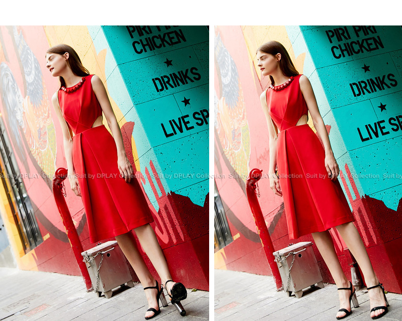 DPLAY2018 mùa hè mới Châu Âu và Mỹ đỏ handmade đính cườm vòng cổ eo dress eo cao váy váy