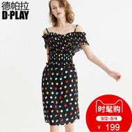 DPLAY2018 mùa hè mới Châu Âu và Hoa Kỳ cổ áo cổ áo ngắn tay màu đen sóng điểm dây đeo đầm eo đàn hồi ăn mặc