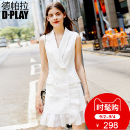 DPLAY2018 mùa hè mới Châu Âu và Mỹ phù hợp với màu trắng cổ áo đôi ngực voan khâu đi lại vest dress