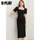 DPLAY ໃຫມ່ຝຣັ່ງ Retro Square Neck Puff Sleeve ແອວສູງ Dress Side Slit ສີດໍາພຽງເລັກນ້ອຍ Dress ຍາວແມ່ຍິງ