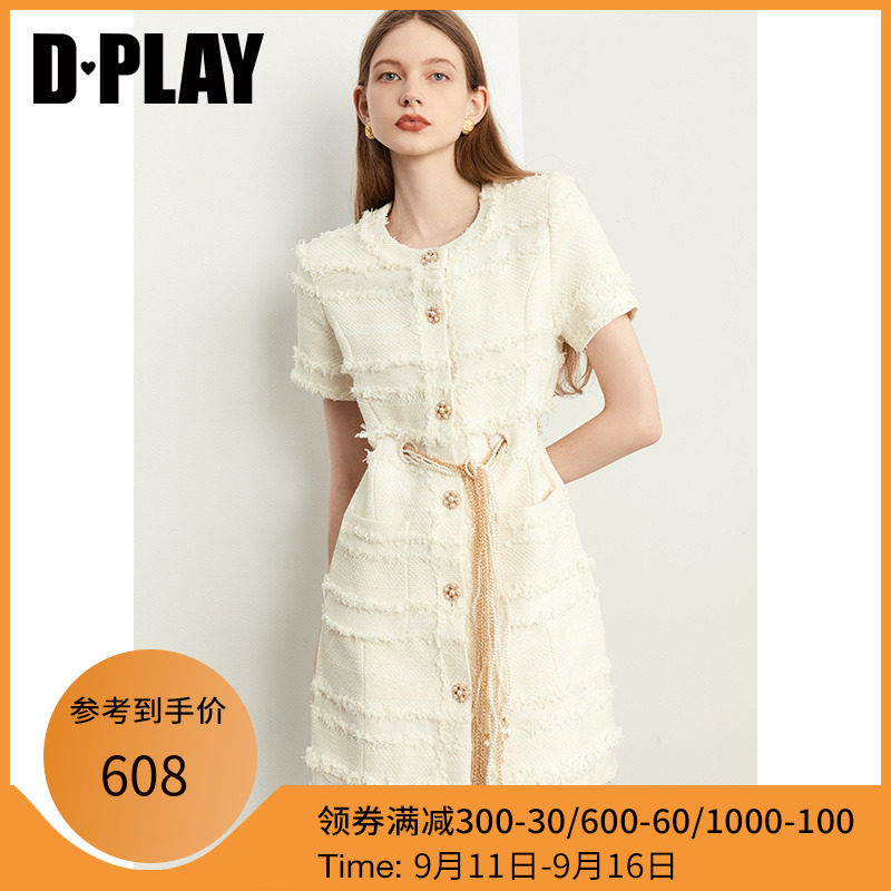 DPLAY2022 autumn new temperament light luxury gentle milk apricot small fragrance tweed short-sleeved dress