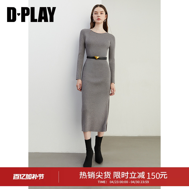 Dplay Autumn [Special Offer] New Gray Dress for Women with Side Slit, Slim Fit Knitted Dress with Long Sleeves