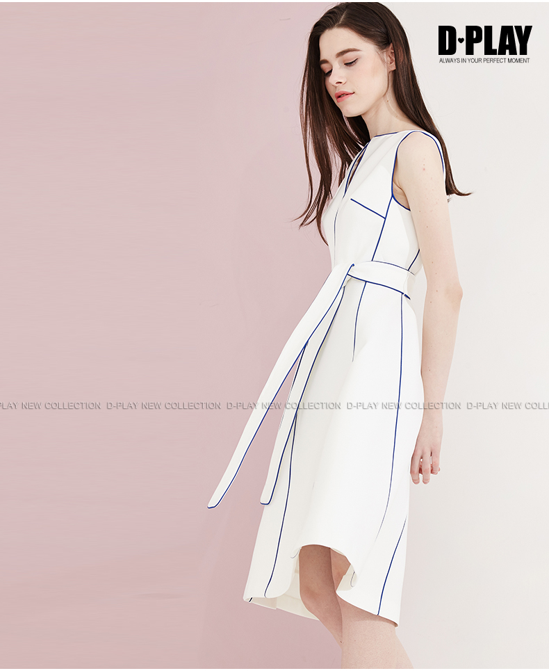 DPLAY Depala mùa hè Châu Âu và Mỹ trắng không tay eo tie chic dress màu sắc tương phản mosaic dress váy dài