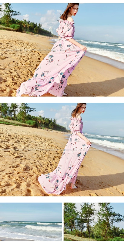 DPLAY Depala 2018 đầu mùa thu Châu Âu và Hoa Kỳ nền tảng in một từ cổ áo đèn lồng tay áo eo kỳ nghỉ bãi biển ăn mặc đầm hoa dài