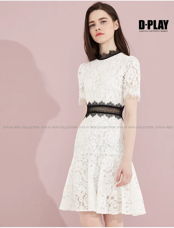 DPLAY Depala đầu mùa thu Châu Âu và Mỹ trắng ren khâu dress đen eo lady tính khí Một từ váy